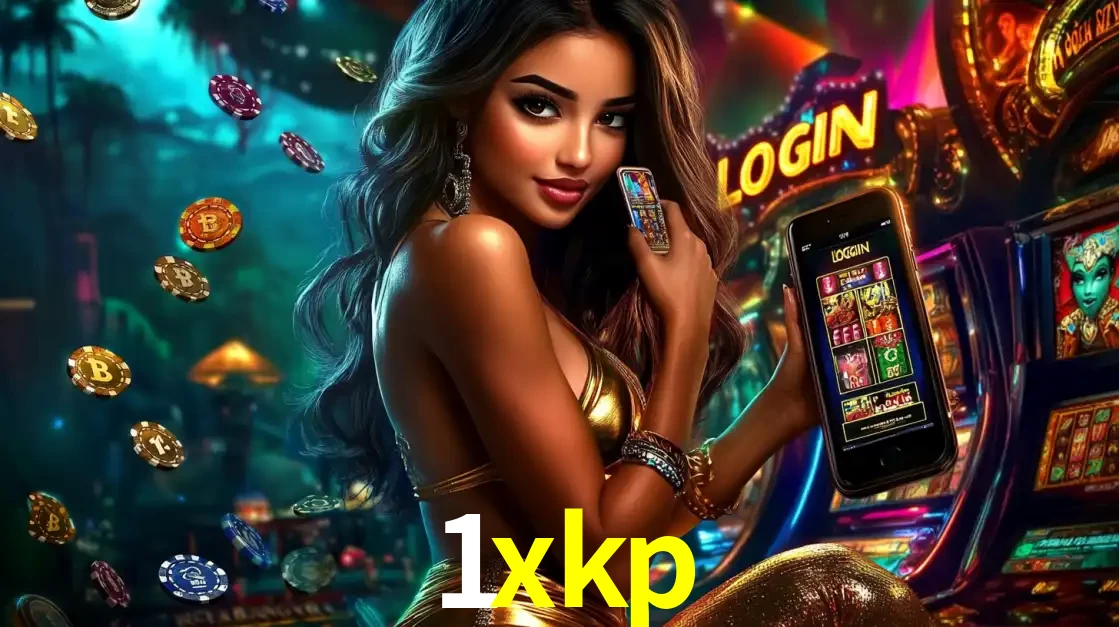 Mulher em um cenário de cassino temático de aventura, mostrando o app de caça-níqueis da 1xkp no celular. Fichas de apostas flutuam ao redor.